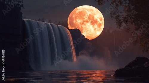 The moon looked orange as it shone on a huge waterfall.