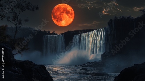 The moon looked orange as it shone on a huge waterfall.