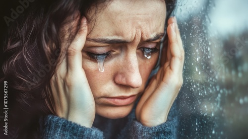 Emotional Woman in Distress by Rainy Window