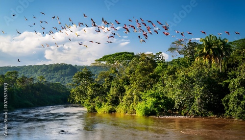  The Orinoco River winds through a dense tropical forest where colorful birds fly overhead i_1(1744)