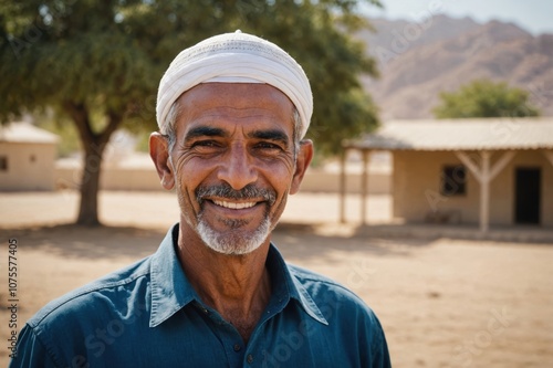 Close portrait of a smiling senior Omani male farmer standing and looking at the camera, outdoors Omani rural blurred background