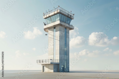 Airport control tower standing on a concrete airstrip on a sunny day with a cloudy sky