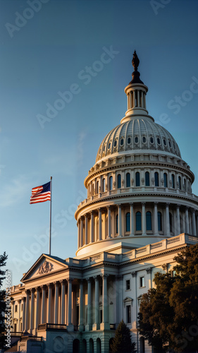 The U.S. Capitol building bathed in golden sunlight with a waving American flag. Great for political, historical, and architectural themes, copy space