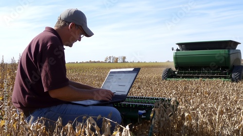 A farmer uses a laptop in a vast field, integrating technology with traditional agriculture practices