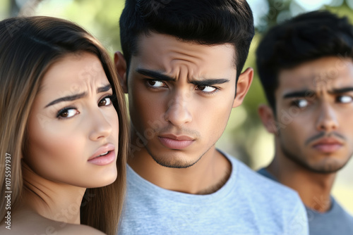 Jealousy scene. Man looks reproachfully at his girlfriend, suspecting her of cheating. Woman's face expresses annoyance and regret. Third person is out of focus. Love triangle concept