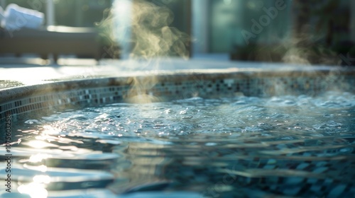 The smooth rounded edges of a hot tub steam rising off the waters surface.