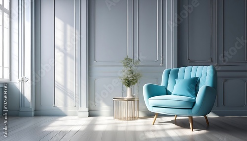  A light gray room features a soothing pastel blue chair amidst classic wall panels and a ca_1(380)