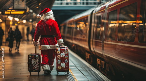 Santa Claus travels through a train station with luggage, setting off for Christmas holiday adventure. A festive scene capturing Santa's Christmas getaway. Image made using Generative AI