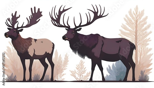  Vector set featuring elk and deer silhouettes in a muted color palette, isolated on a white_1(1821)