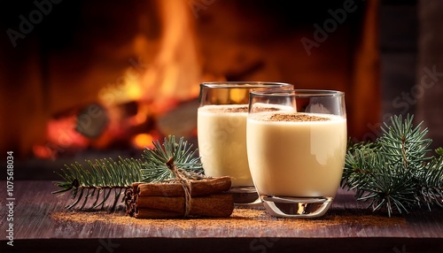  Two glasses of eggnog with nutmeg sit beside crackling logs in a warm and festive atmos_1(1789)