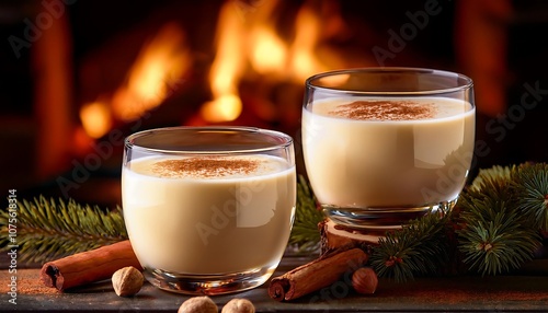  Two glasses of eggnog with nutmeg sit beside crackling logs in a warm and festive atmospher_1(1786)