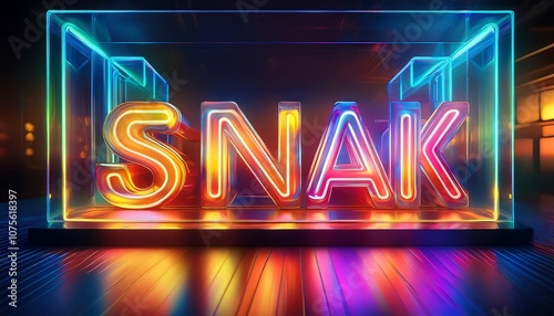  Trendy lettering and glowing neon 3D text on colorful translucent glass with caustics i_1(1777)