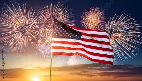  The American flag waves in the wind with fireworks exploding behind it at sunset on a dark _1(1725)