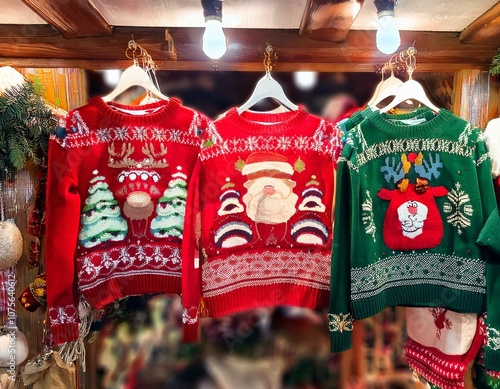 christmas sweaters hanging from the wall in a market