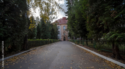 Aleja wejściowa do zabytkowego budynku jesienią. Zabytkowy budynek w parku jesienią (w dość pochmurny dzień) w mieście (Ostrowiec).