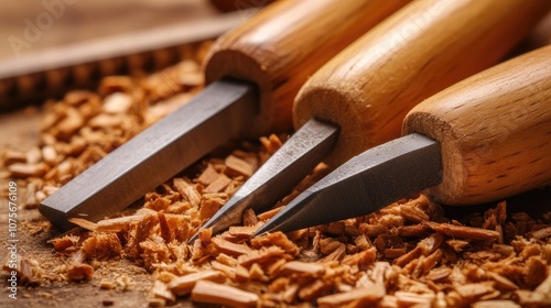 Carpenter wood chisels resting on wood shavings on workbench