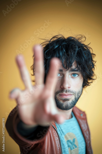 Young man with messy dark hair and blue eyes shows a stop gesture, expressing calm determination. Brown leather jacket, light blue shirt. Yellow background. Awareness poster.