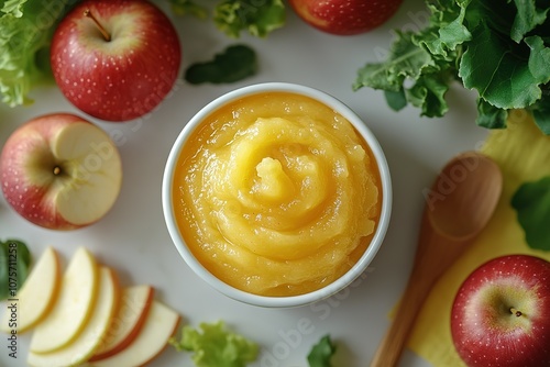 A jar of jelly sits on a plate with a bunch of apples