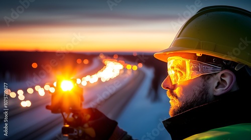 On a congested highway, an engineer monitors the asphalt laying process with traffic safely diverted to one side, under the warm glow of sunset