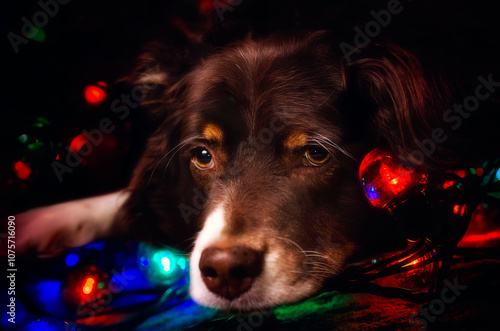 Australian Shepherd dog with Christmas lights, concept of seasonal depression, bah humbug mood, holiday pets