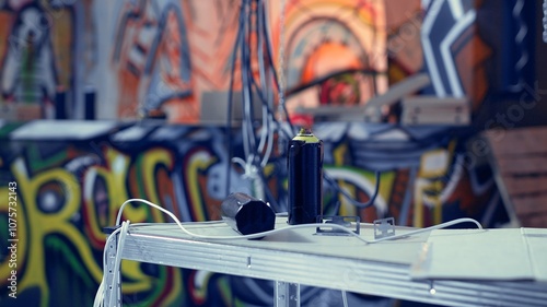 Close up of spray cans used by guerilla artists in building with graffiti drawings sprayed on walls. Paint cans in desolate industrial location used by teens to do art, concept of urban culture