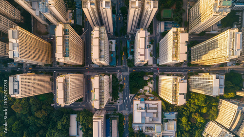 Panorama centrum miejskiego, w którym liczne wieżowce wznoszą się obok siebie, ukazując zagęszczenie budynków i pulsujący rytm życia w dużej aglomeracji miejskiej.