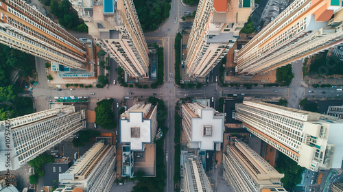 Panorama centrum miejskiego, w którym liczne wieżowce wznoszą się obok siebie, ukazując zagęszczenie budynków i pulsujący rytm życia w dużej aglomeracji miejskiej.