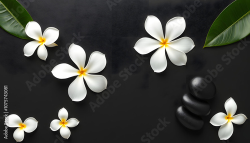 Thai Spa. Top view of white Plumeria flower setting for massage treatment and relax on black blackboard for text banner and copy space. Spa flower with black stones pile for body therapy isolated wi