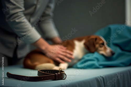 Farewell to a dog. The owner says goodbye to the dog that is being euthanized