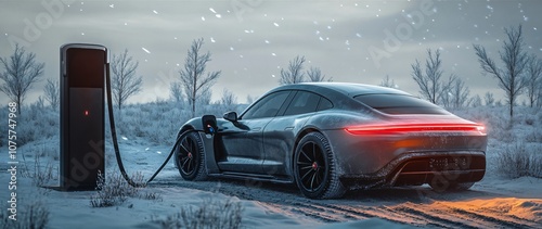 An electric car charges at a station in a snowy landscape during winter