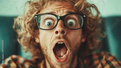 A man wearing glasses with curly hair displays shock with an open mouth and wide eyes, a scene full of unexpected intensity and quirky vibrancy.