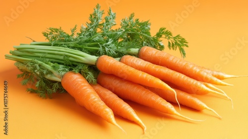 Fresh Carrots with Greens on Orange Background