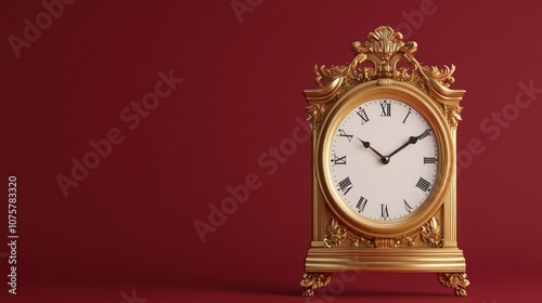 Golden Ornate Clock on Red Background