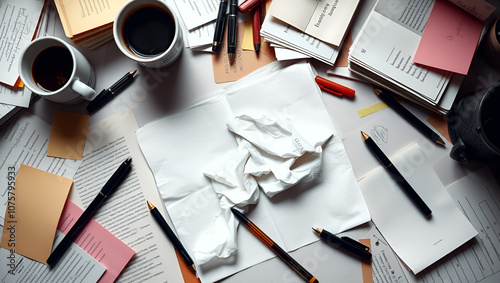 A cluttered workspace with papers, pens, and a crumpled draft, surrounded by coffee cups and notes, evoking a