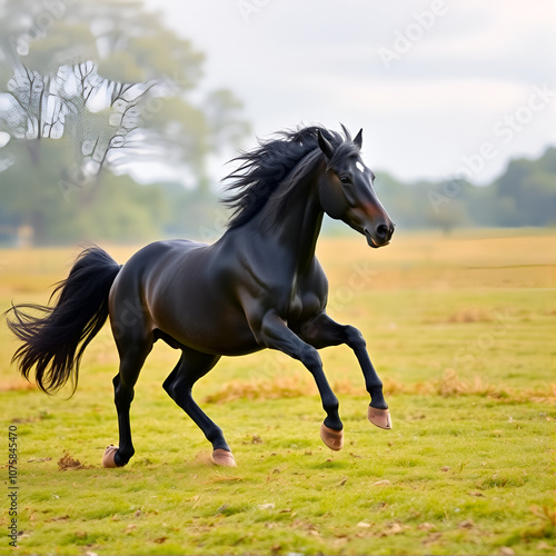 Majestic black horse in full gallop, mane and tail flowing in the wind, hooves pounding the ground, powerful