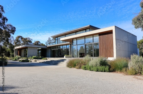 A modernist house with white walls, wood accents, and large windows.