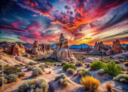 Surreal Landscape of Whitney Pockets, Nevada: Mystical Rock Formations and Dreamlike Skies with Colorful Desert Flora in a Breathtaking Natural Setting