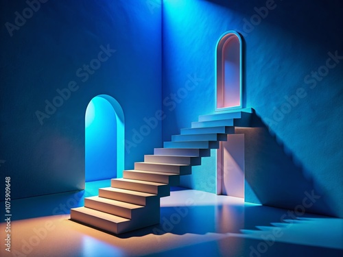 Surreal Staircase to Zero Percent in a Vibrant Blue Dreamscape: A Unique Creative Representation of Ambiguity and Transformation