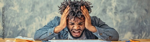 Frustrated young man with curly hair gripping his head in despair while sitting at a cluttered office desk amid papers and stationery in a disorganized workspace