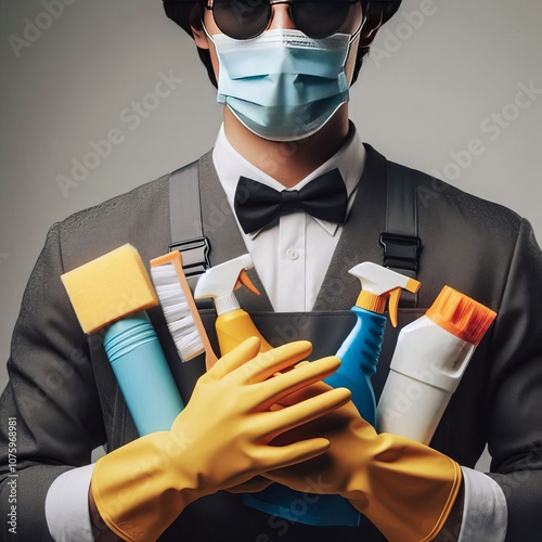 Janitor with Cleaning Supplies Close up of a janitor's hands hol