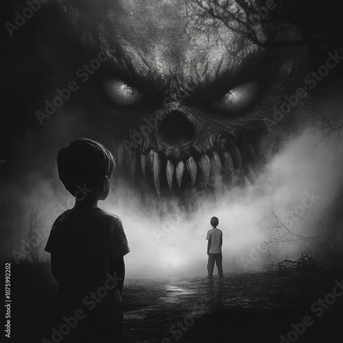 The small silhouettes of children in front of a huge dark hideous frightening scary demon devil monster sharp teeth glowing eyes hallucination terror imagination mental illness depression trauma 