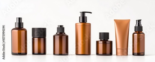 A collection of modern amber glass bottles and jars for cosmetics, skincare, or personal care products, arranged neatly on a light background.