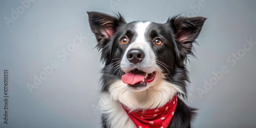 Lovely border collie dog with red bandana licking nose and looking up, Border collie, dog, pet, adorable, cute, furry