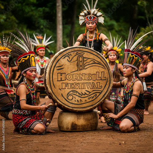 A scene from the Hornbill Festival featuring tribal members with distinctive headdresses, proudly displaying their cultural emblem, representing heritage and unity