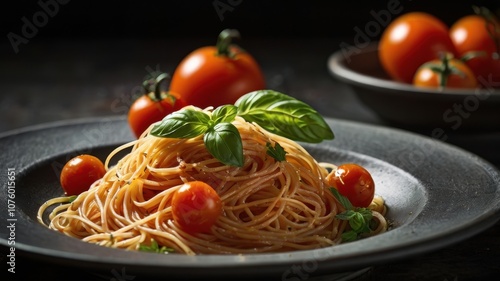 Plate of linguine pasta with tomatoes and basil garnish