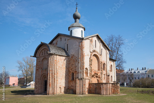 Medieval church St. Paraskevy Friday closeup sunny April day. Veliky Novgorod, Russia