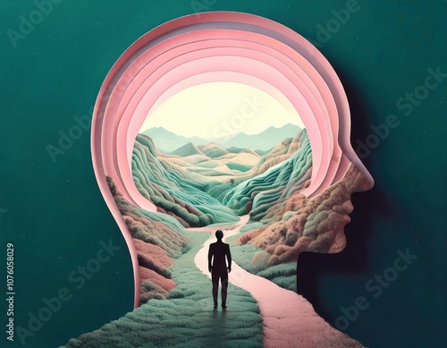 Illustration of Person Walking Inside Head Silhouette Representing Agoraphobia and Inner Journey 