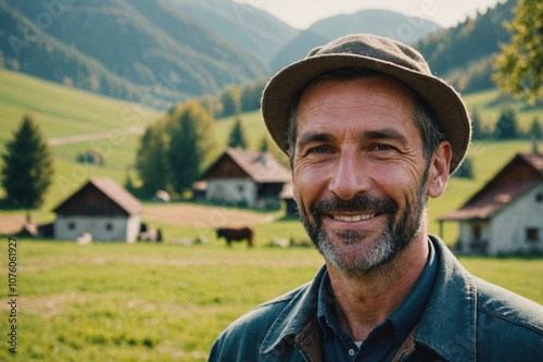 Close portrait of a smiling 40s Slovenian male farmer standing and looking at the camera, outdoors Slovenian rural blurred background