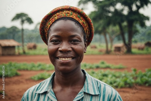 Close portrait of a smiling 40s Togolese female farmer standing and looking at the camera, outdoors Togolese rural blurred background