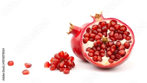 Fresh, juicy pomegranate fruit isolated on a clean white background, vibrant red seeds rich in antioxidants and vitamins, organic, exotic, vitamins